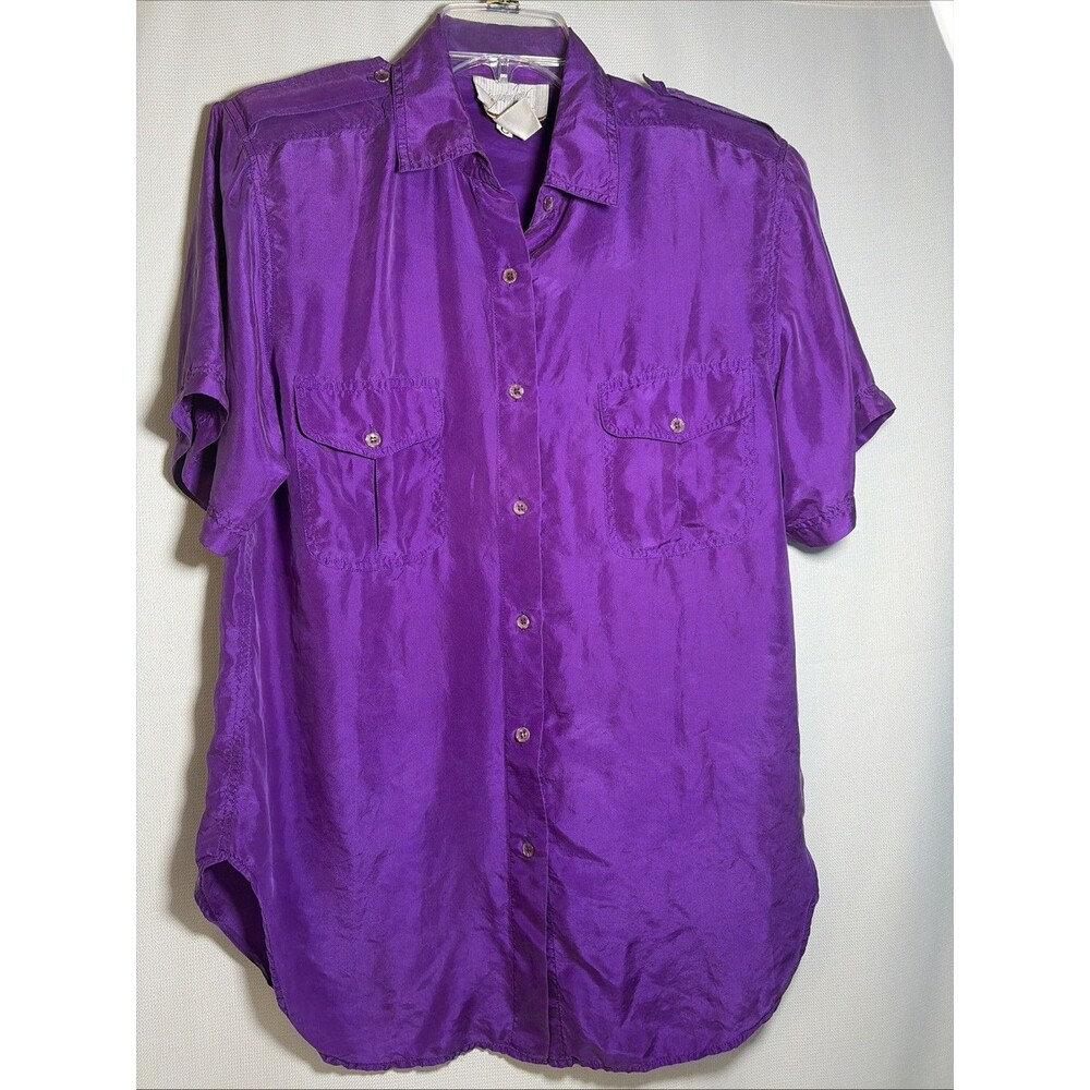Vintage Jaclyn Ferrar Women’s Large Purple Button Shirt 100% Silk EUC 80s
